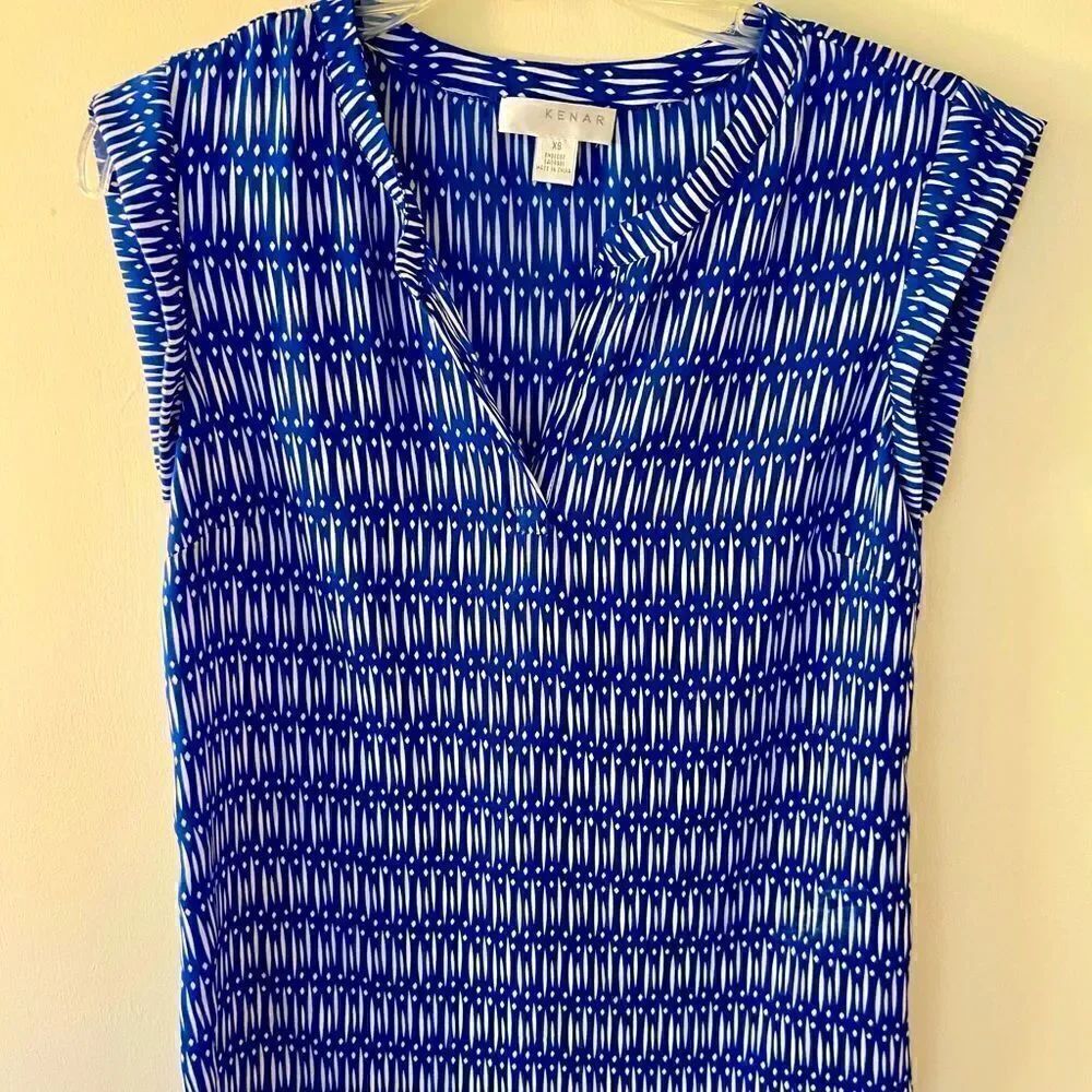 Kenar Sleevely Top Blue White Geometric Print XS
